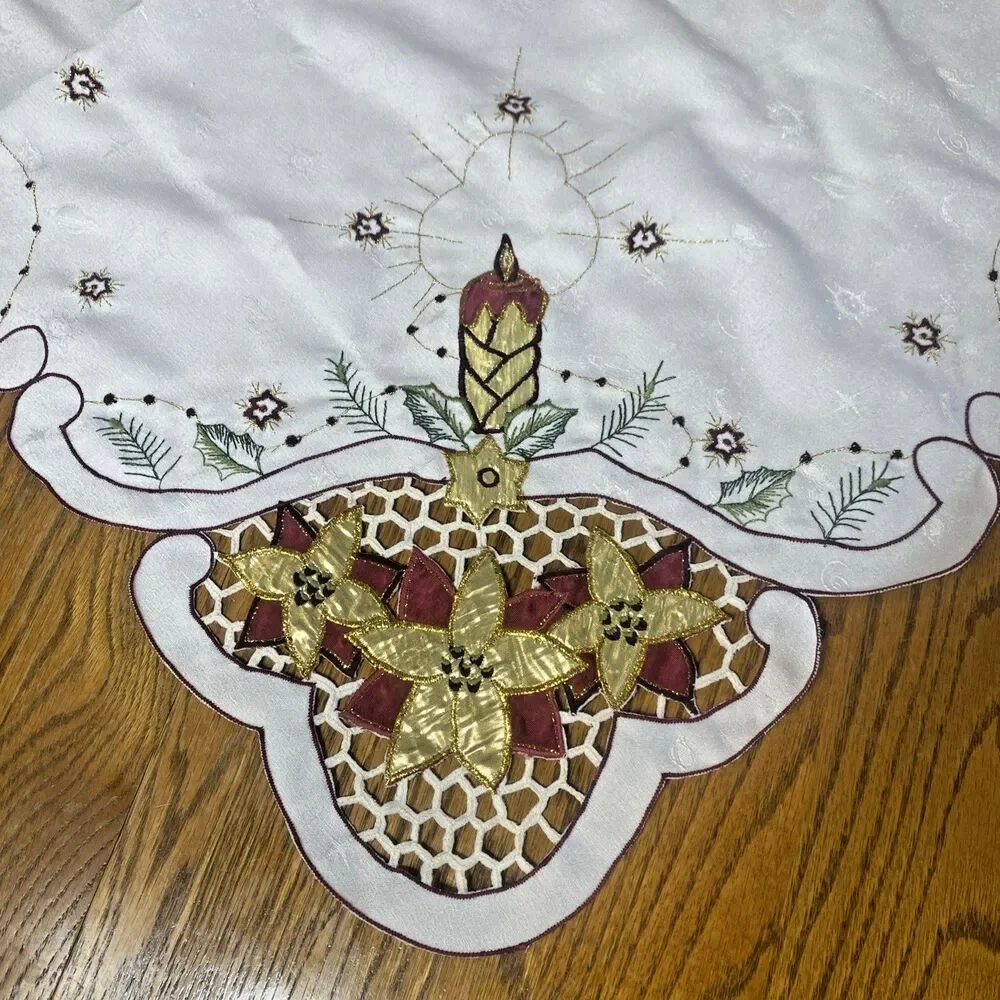 Christmas Tablecloth/Topper Embroidered Christmas Decor Linen-Candle/Poinsetta